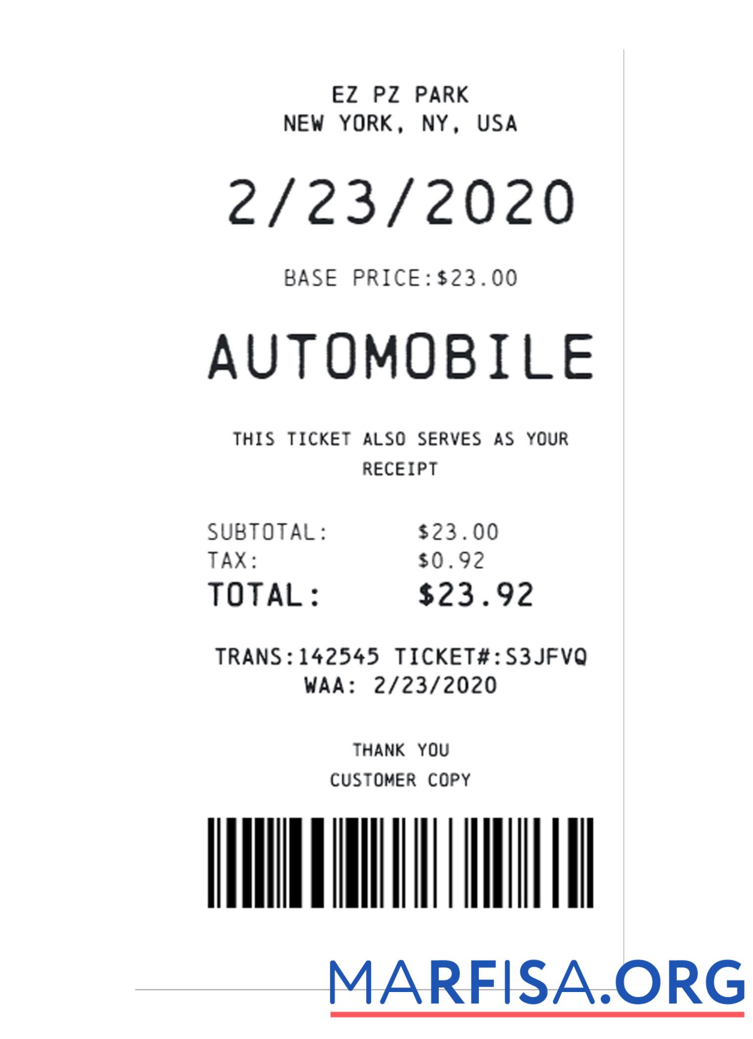 Blank CAR PARKING payment receipt example